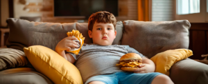 Niño obeso sentado en un sofá con una hamburguesa y papas fritas, ilustrando la relación entre la dieta poco saludable, el sedentarismo y la importancia de la diabetes infantil y alimentación consciente